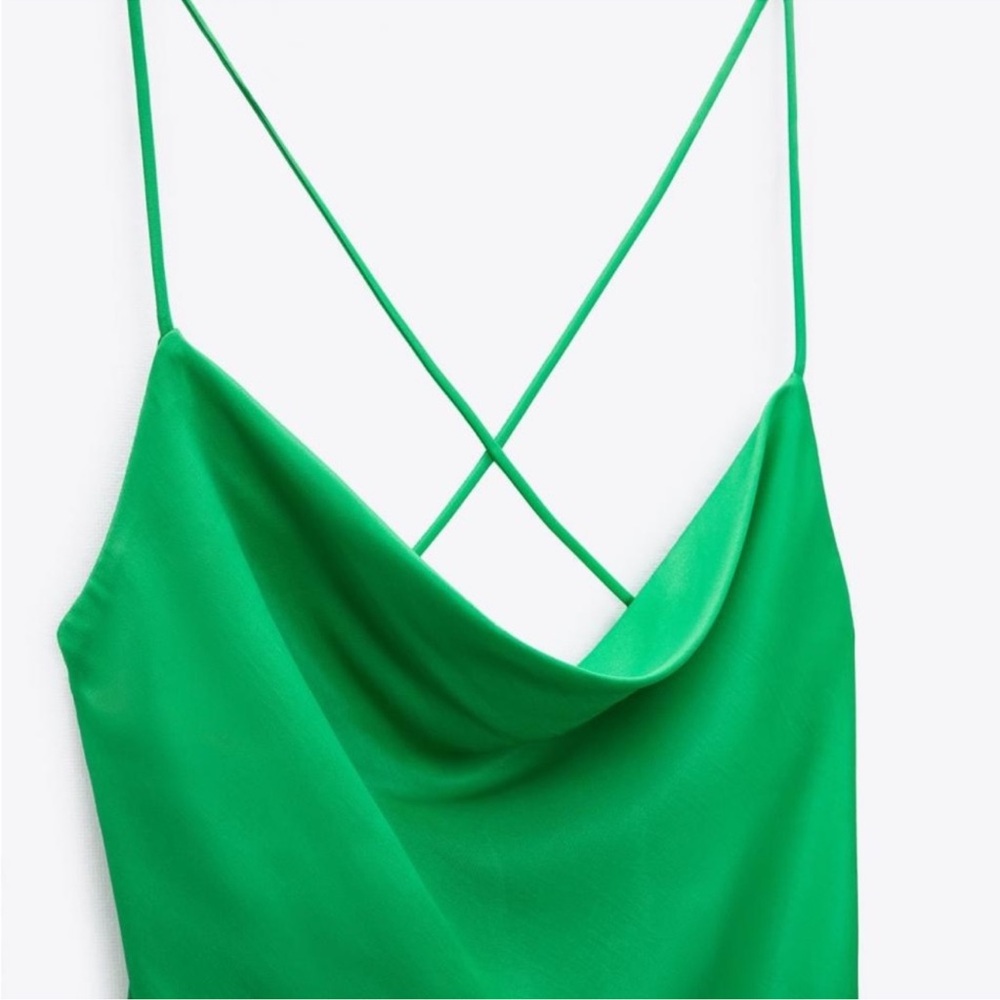 Zara Green Slip Mini Dress With Cross Back - Picture 5 of 12